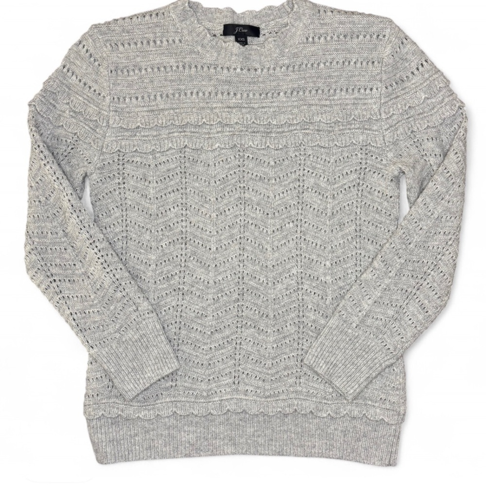 J.Crew Crewneck Scalloped Pointelle Wool Blend Sweater XXS Gray